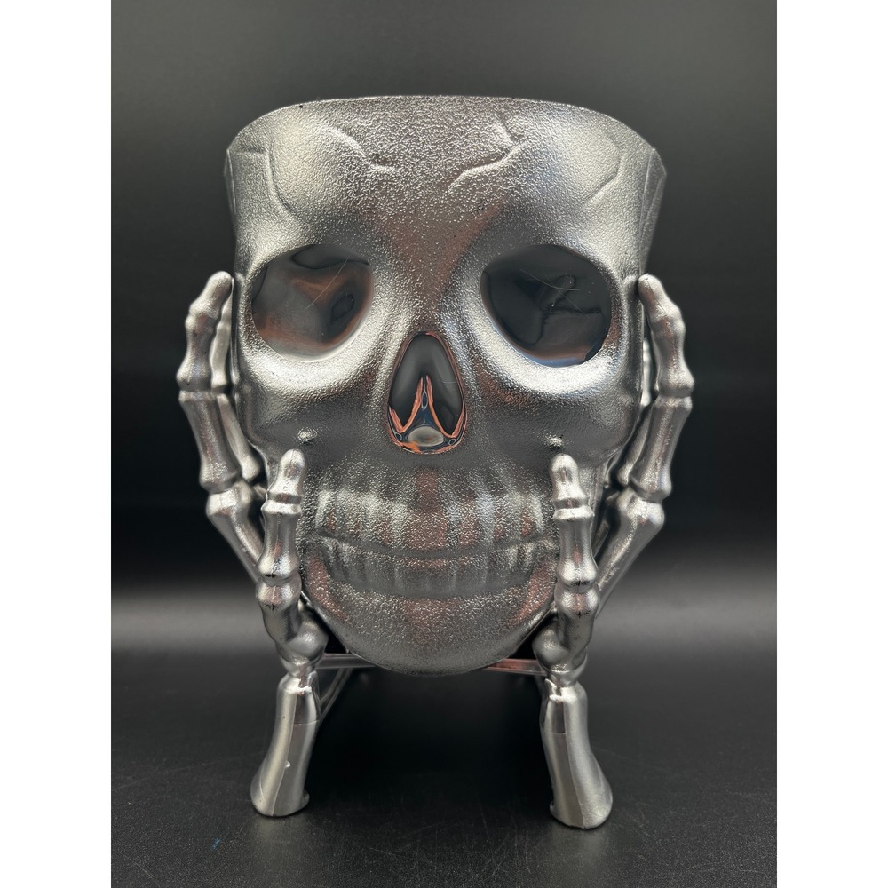 Silver Skull Bowl Skeleton Hands Decorative Halloween Goth Centerpiece 7" x 5.5"